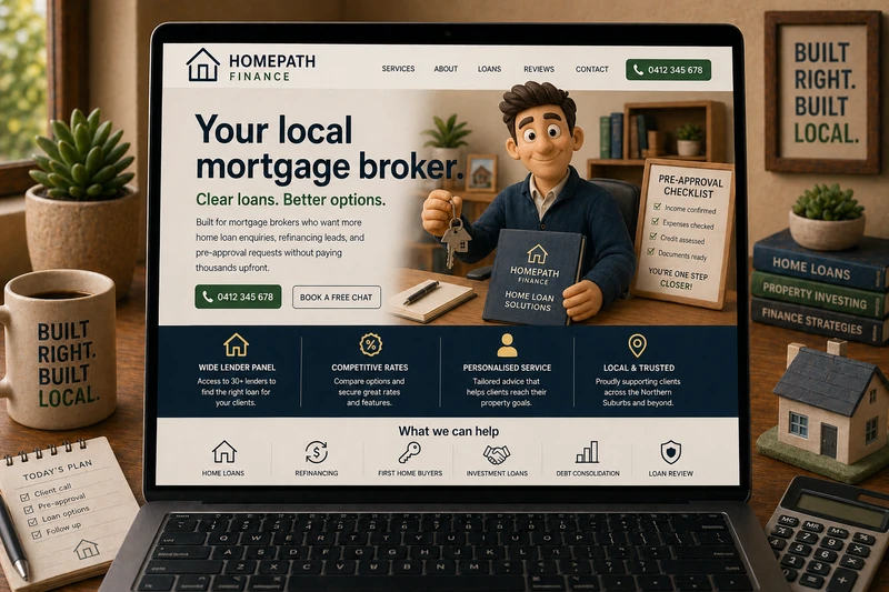 Mortgage broker website mockup shown on a laptop