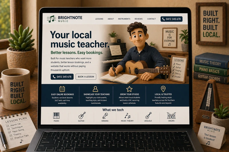 Music teacher website mockup shown on a laptop