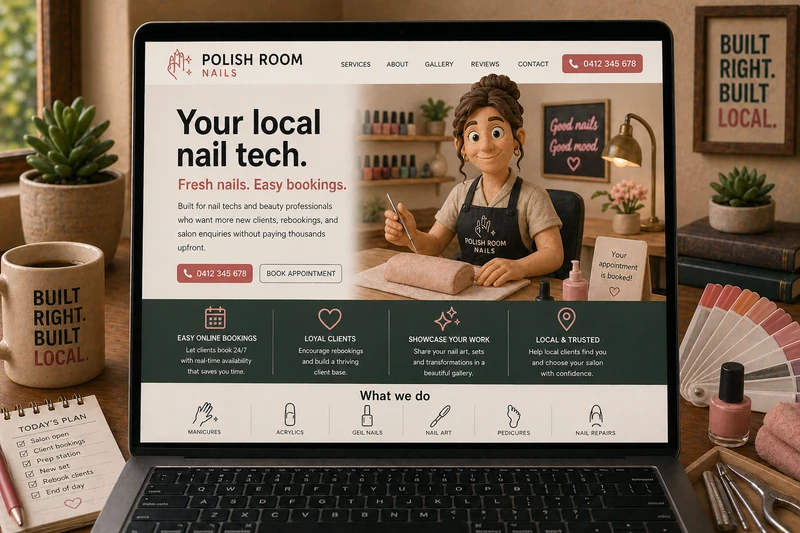 Nail tech website mockup shown on a laptop