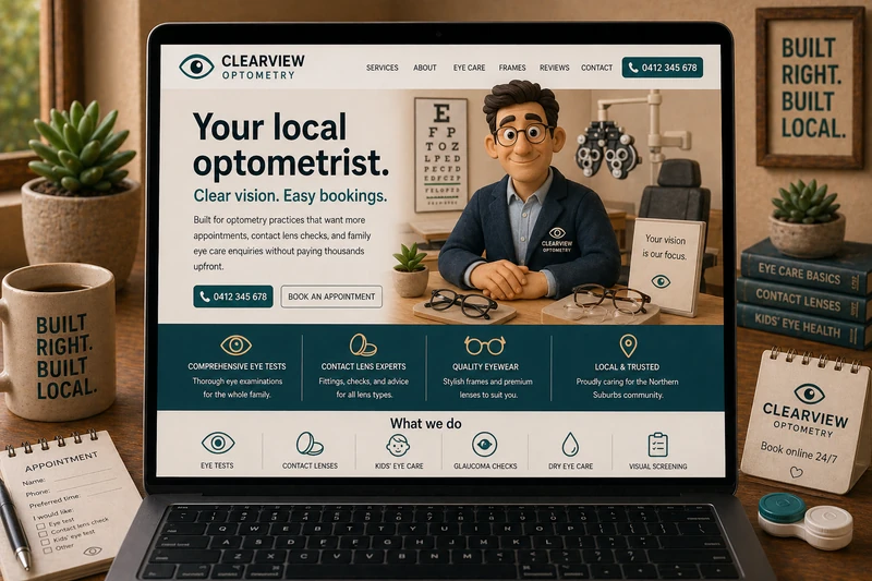 Optometrist website mockup shown on a laptop