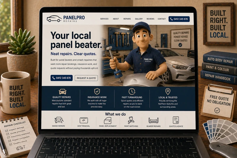 Panel beater website mockup shown on a laptop