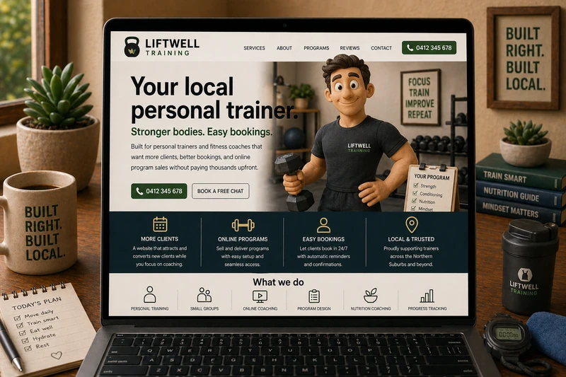 Personal trainer website mockup shown on a laptop