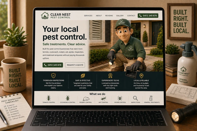 Pest control business website mockup shown on a laptop
