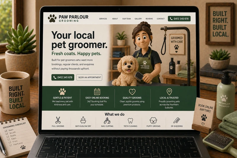 Pet groomer website mockup shown on a laptop
