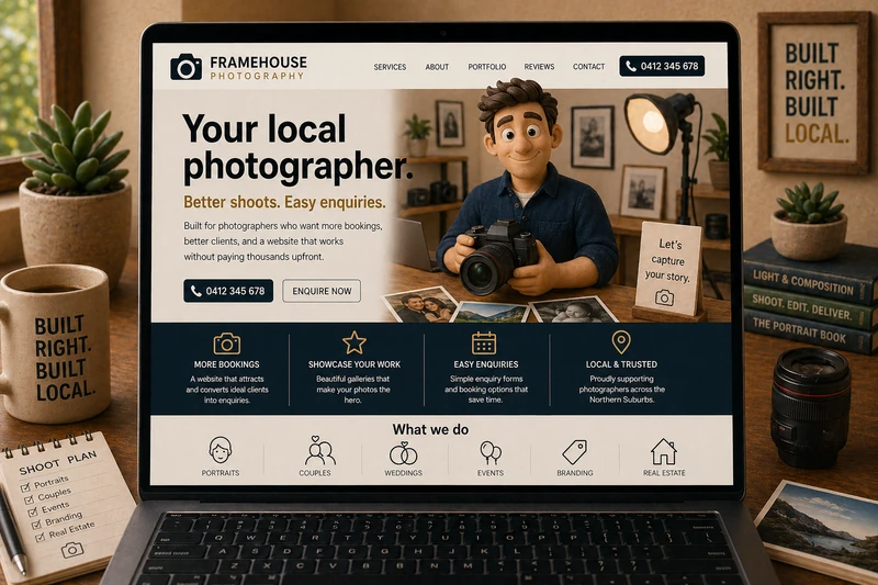 Photographer website mockup shown on a laptop