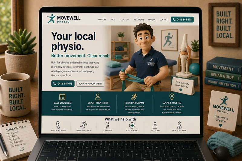 Physio website mockup shown on a laptop