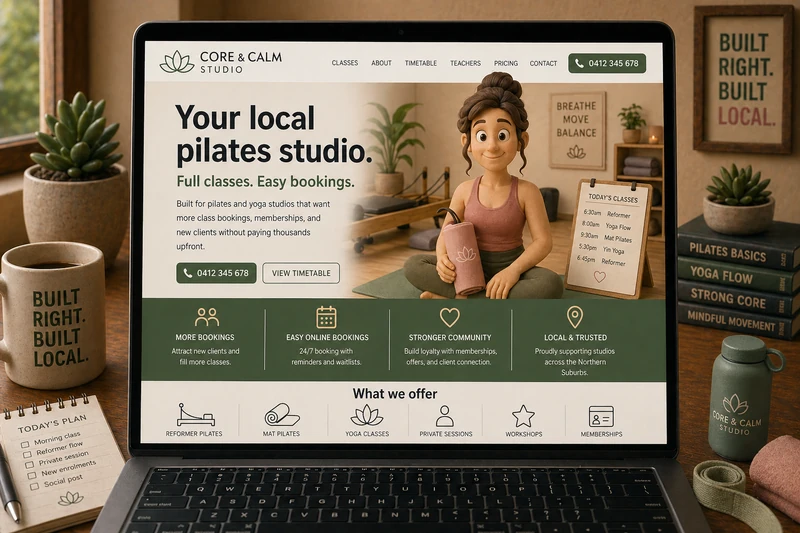 Pilates and yoga studio website mockup shown on a laptop