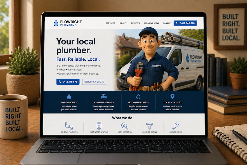 Plumber website mockup shown on a laptop