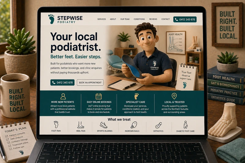 Podiatrist website mockup shown on a laptop