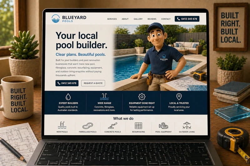 Pool builder website mockup shown on a laptop
