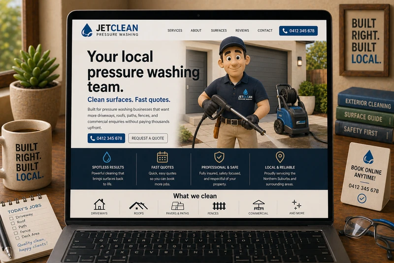 Pressure washing business website mockup shown on a laptop
