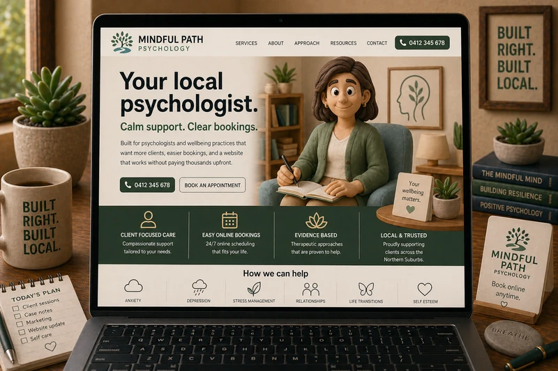 Psychologist website mockup shown on a laptop