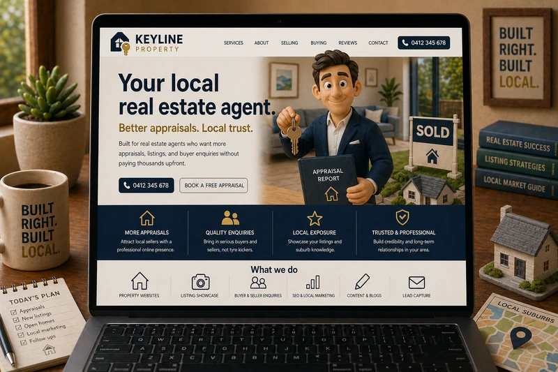 Real estate agent website mockup shown on a laptop