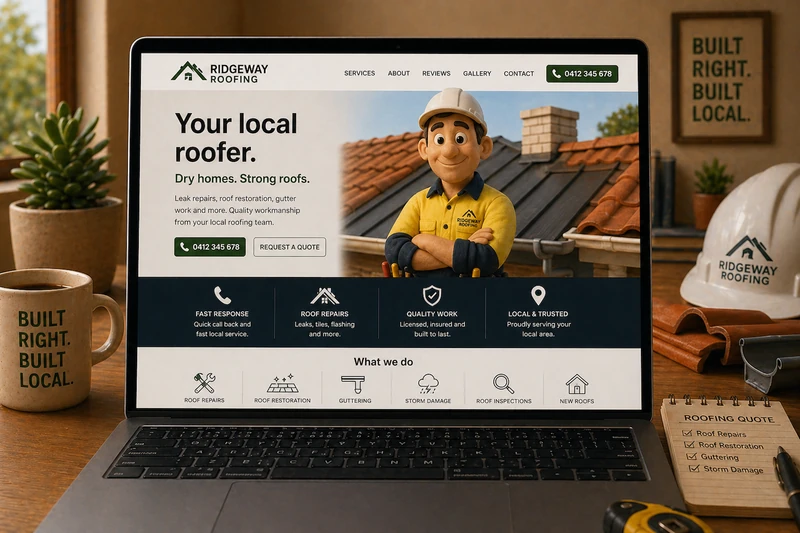 Roofer website mockup shown on a laptop