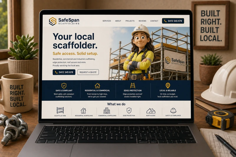 Scaffolder website mockup shown on a laptop