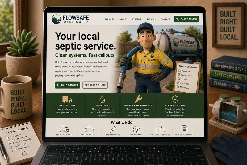 Septic and waste business website mockup shown on a laptop