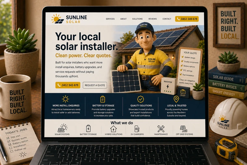 Solar installer website mockup shown on a laptop