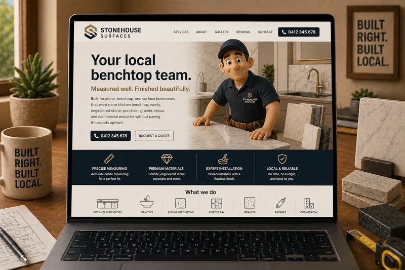 Stone and benchtop business website mockup shown on a laptop