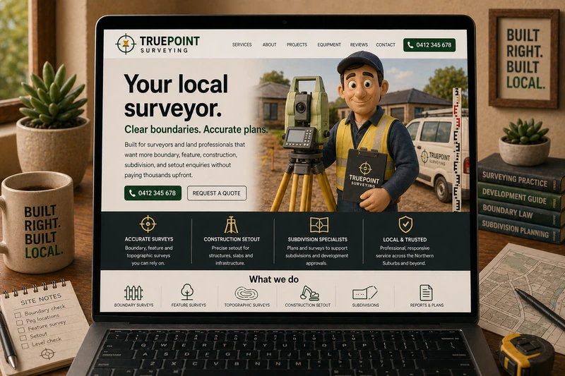 Surveyor website mockup shown on a laptop