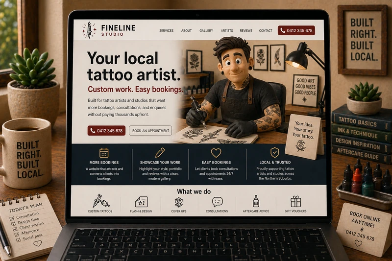 Tattoo artist website mockup shown on a laptop