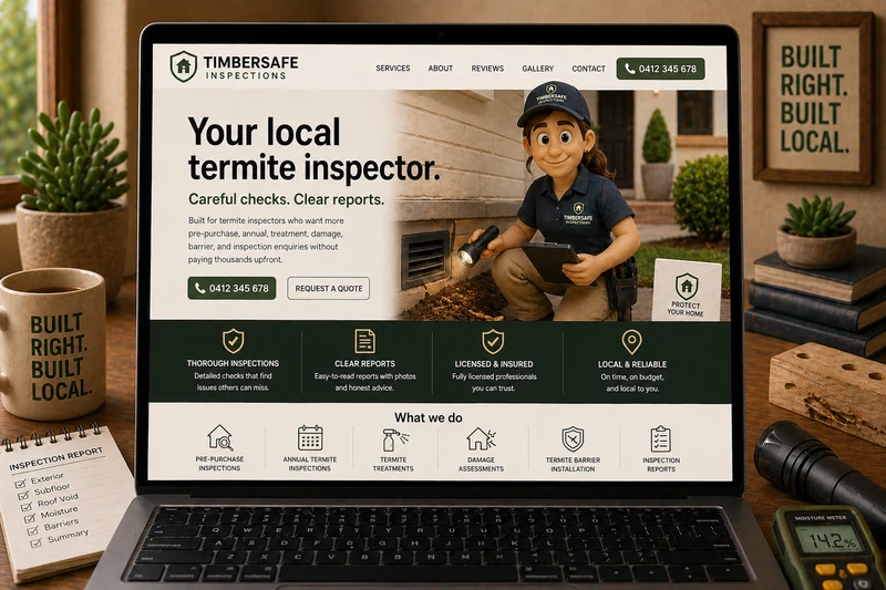Termite inspector website mockup shown on a laptop