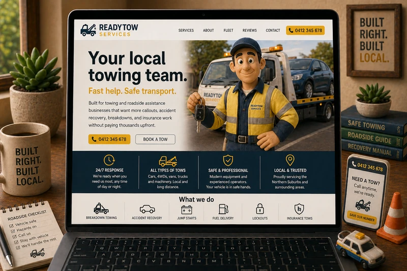 Towing business website mockup shown on a laptop
