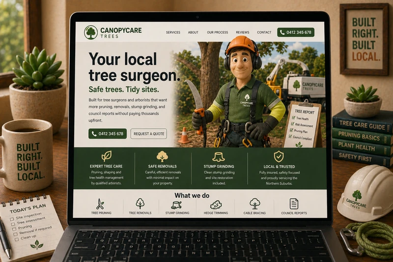 Tree surgeon website mockup shown on a laptop
