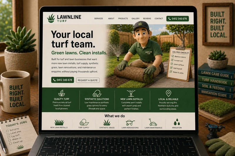 Turf and lawn business website mockup shown on a laptop