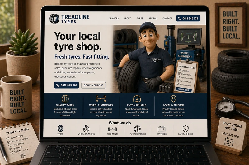 Tyre shop website mockup shown on a laptop
