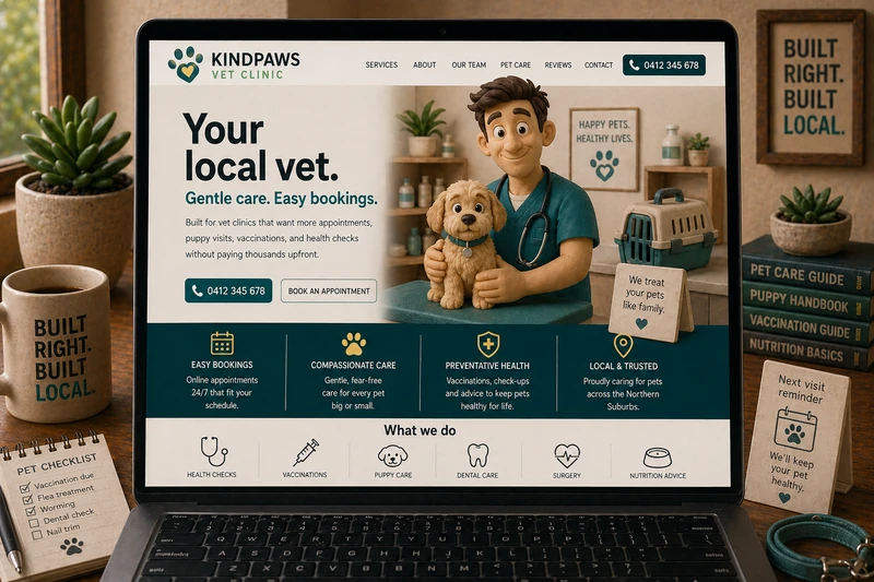 Vet website mockup shown on a laptop