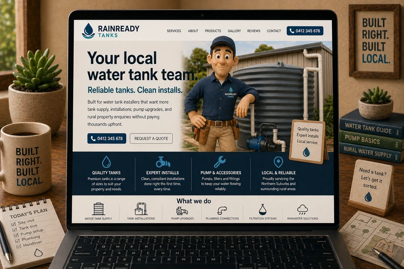 Water tank business website mockup shown on a laptop