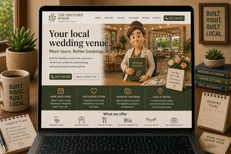 Wedding venue website mockup shown on a laptop