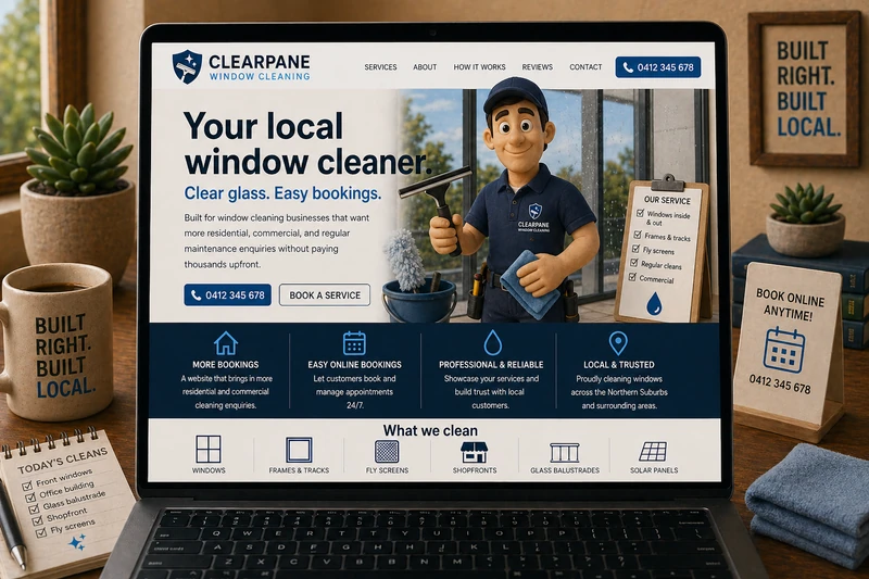 Window cleaner website mockup shown on a laptop
