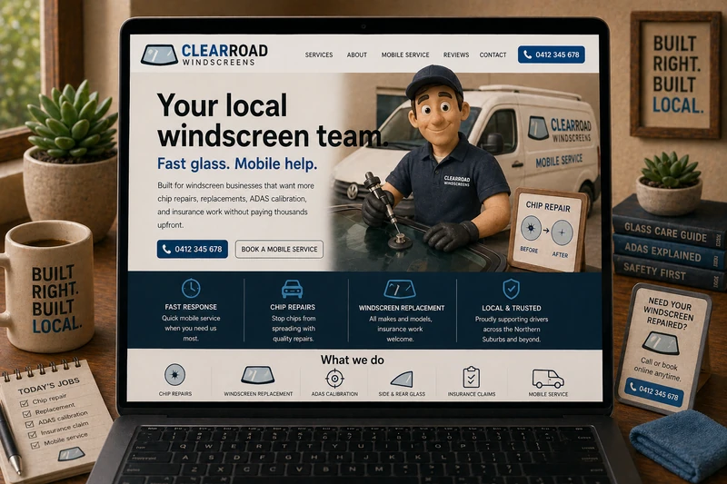 Windscreen business website mockup shown on a laptop