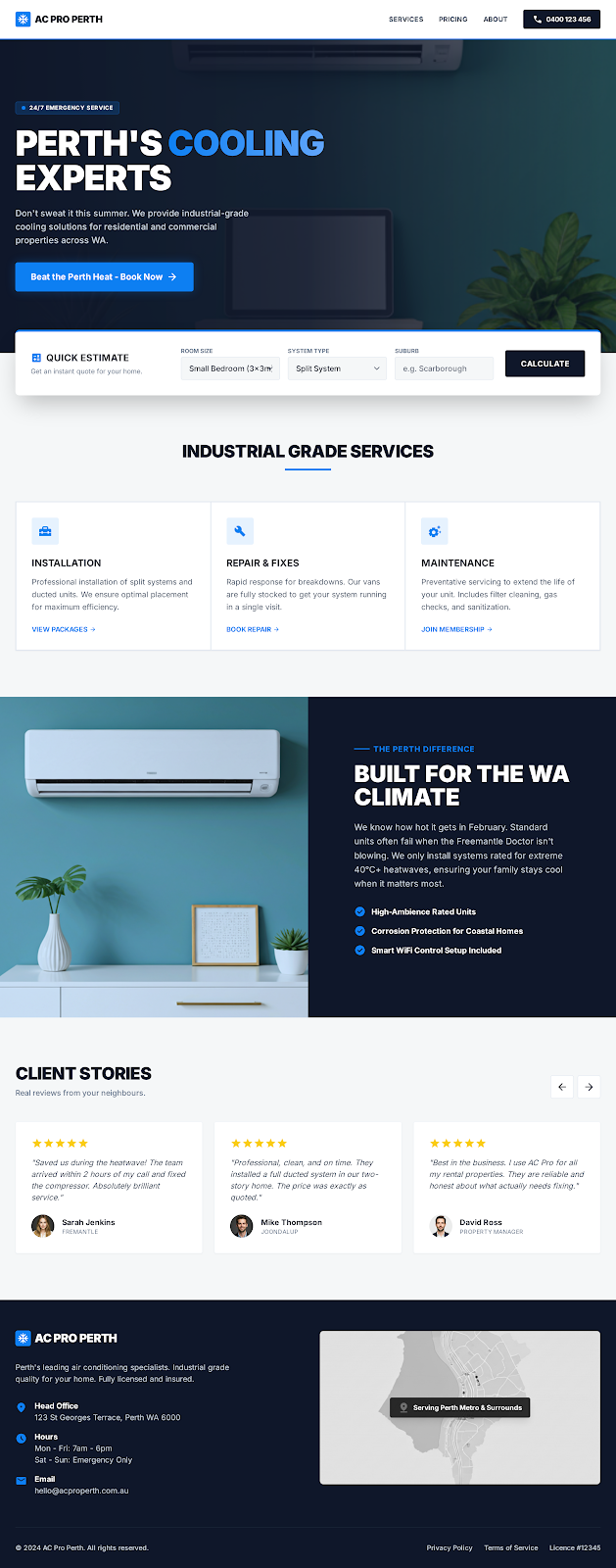 Air conditioning company homepage mockup