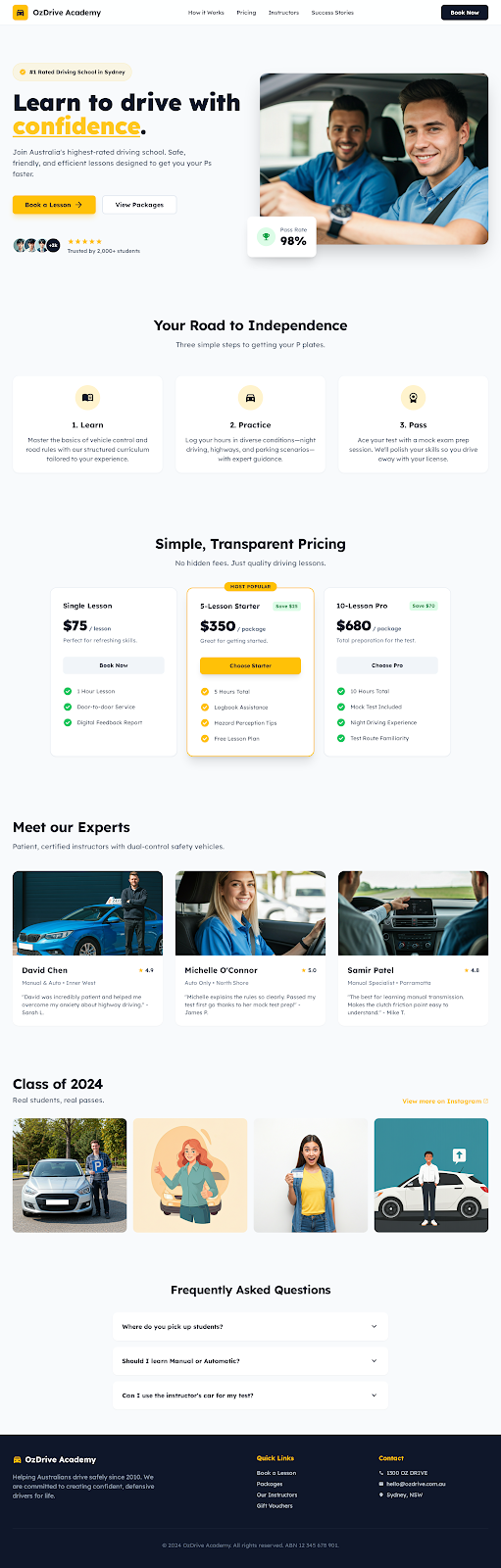 Driving school homepage mockup