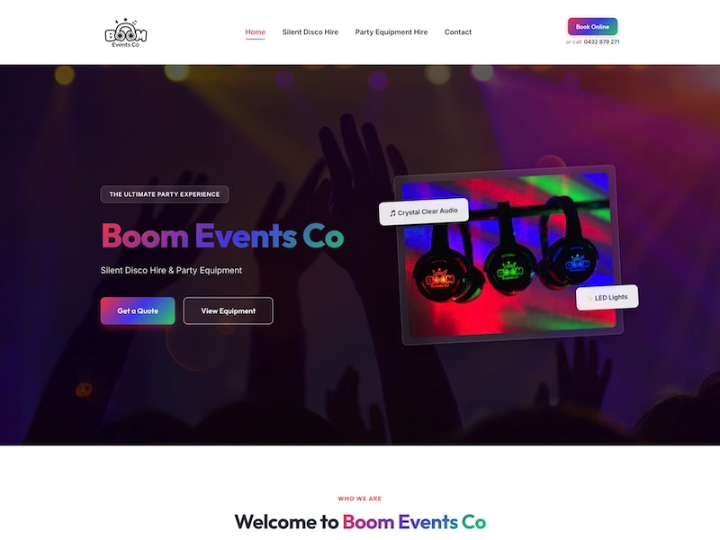 Boom Events website homepage design concept