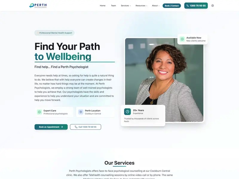 Perth Psychologists website homepage design concept