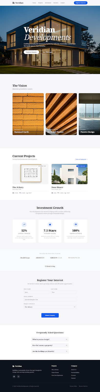 Boutique property developer homepage mockup