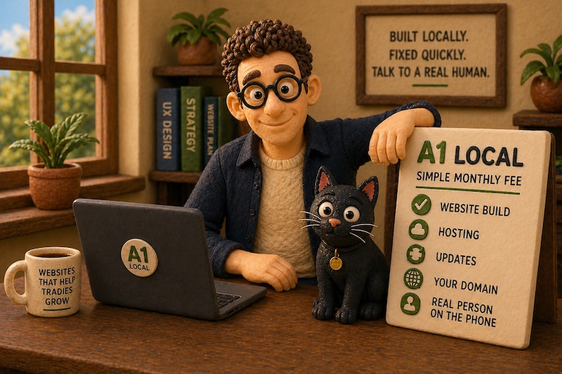 A1 Local pricing scene showing a simple monthly fee including website build, hosting, updates, domain and phone support.
